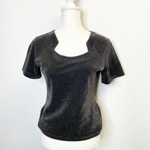 Vtg Cinq Velvet Gray Silver sz M Top Square Neck Short Sleeve Blouse Made usa - Picture 1 of 12